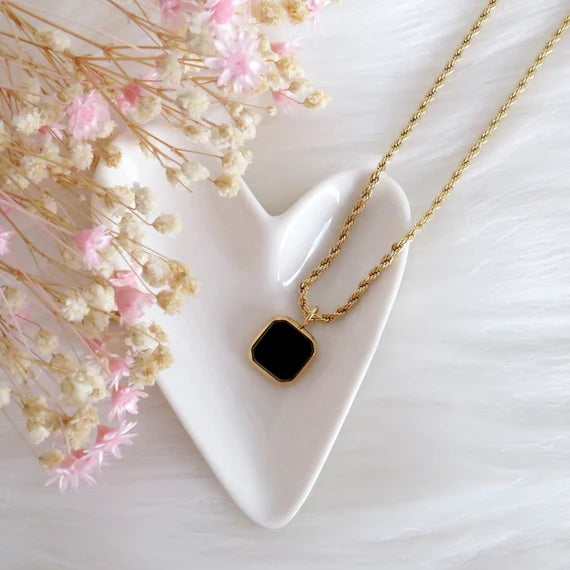 Square Double Sided Black Pendant & Gold Round Chain