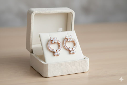 Rose Gold Plated Floral Hoop Earrings with American Diamonds