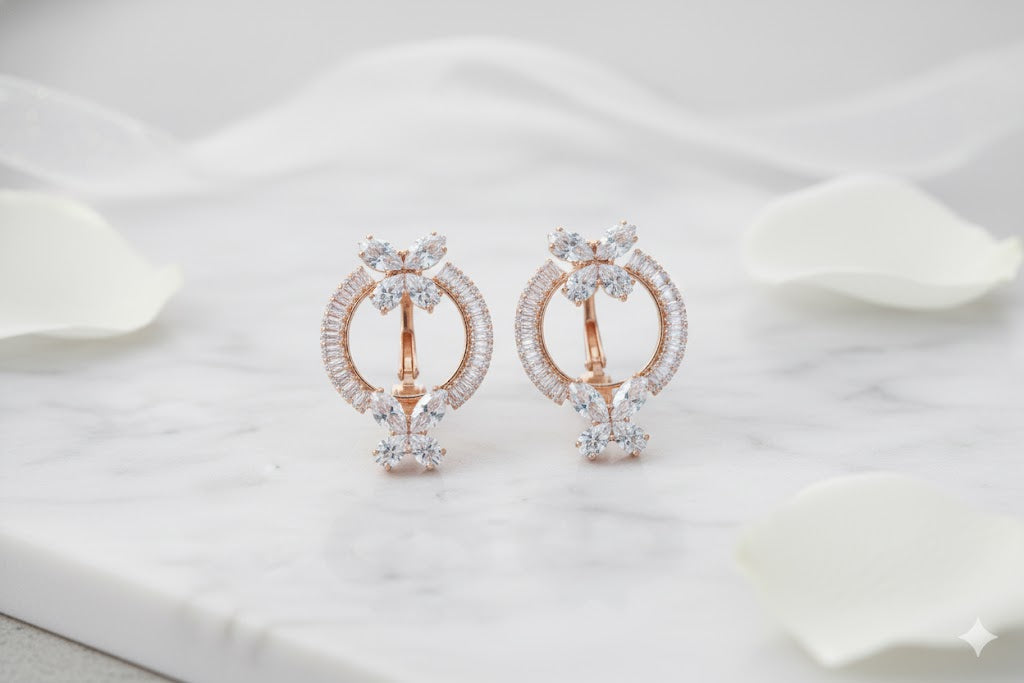 Rose Gold Plated Floral Hoop Earrings with American Diamonds