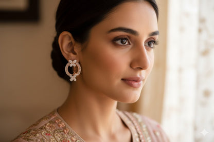 Rose Gold Plated Floral Hoop Earrings with American Diamonds