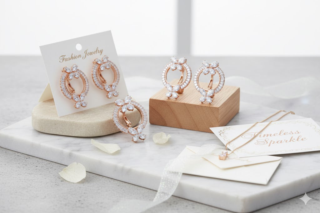 Rose Gold Plated Floral Hoop Earrings with American Diamonds