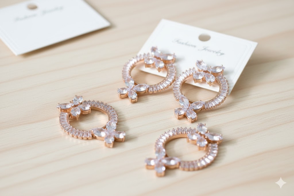 Rose Gold Plated Floral Hoop Earrings with American Diamonds