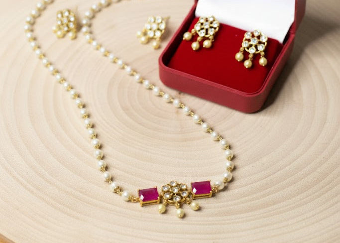 Classic Pearl & Ruby Stone Necklace Set with Earrings