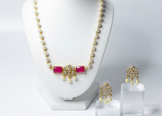 Classic Pearl & Ruby Stone Necklace Set with Earrings