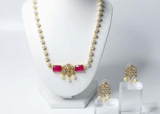 Classic Pearl & Ruby Stone Necklace Set with Earrings