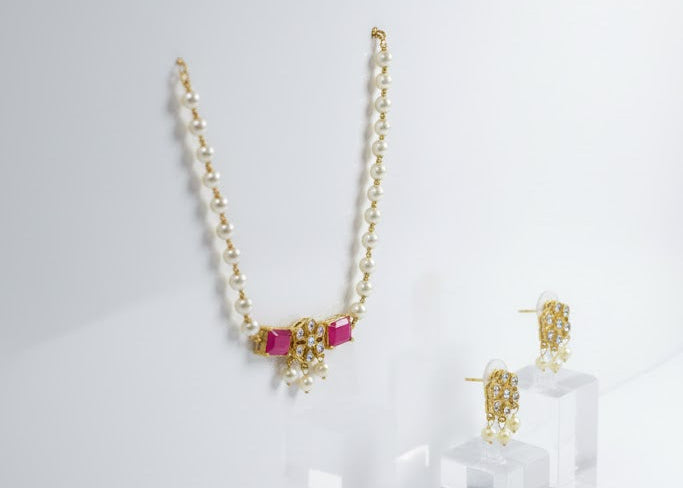 Classic Pearl & Ruby Stone Necklace Set with Earrings