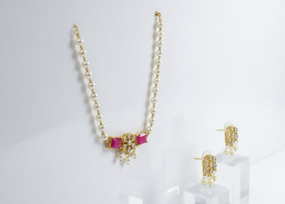 Classic Pearl & Ruby Stone Necklace Set with Earrings