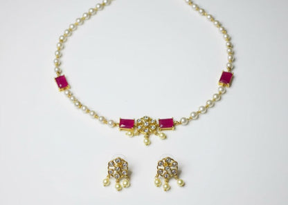 Classic Pearl & Ruby Stone Necklace Set with Earrings