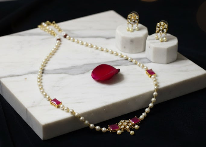 Classic Pearl & Ruby Stone Necklace Set with Earrings