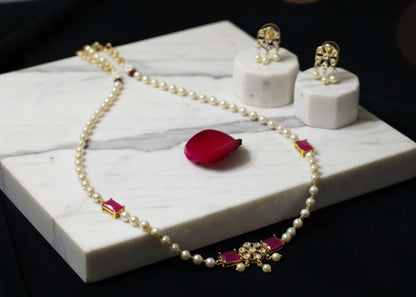 Classic Pearl & Ruby Stone Necklace Set with Earrings