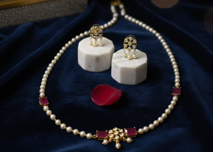 Classic Pearl & Ruby Stone Necklace Set with Earrings