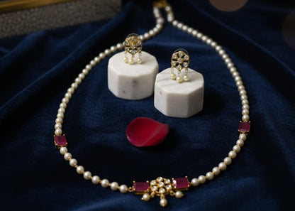 Classic Pearl & Ruby Stone Necklace Set with Earrings