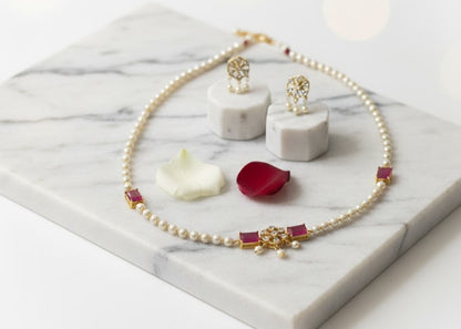Classic Pearl & Ruby Stone Necklace Set with Earrings