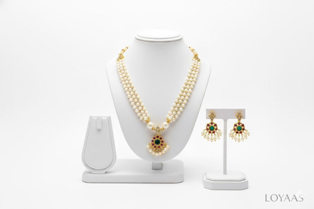 LOYAAS Traditional Multi-Strand Pearl Necklace Set with Gemstone Earrings