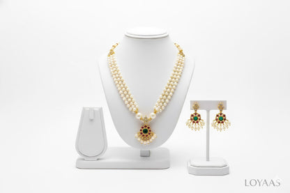 LOYAAS Traditional Multi-Strand Pearl Necklace Set with Gemstone Earrings