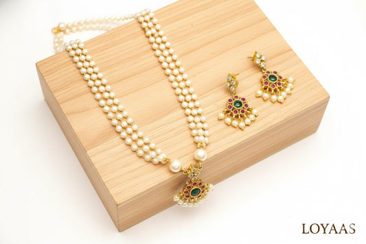 LOYAAS Traditional Multi-Strand Pearl Necklace Set with Gemstone Earrings