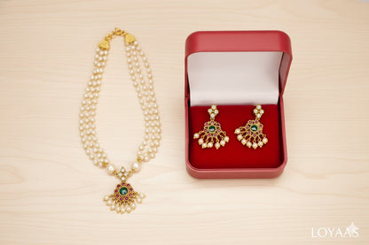 LOYAAS Traditional Multi-Strand Pearl Necklace Set with Gemstone Earrings