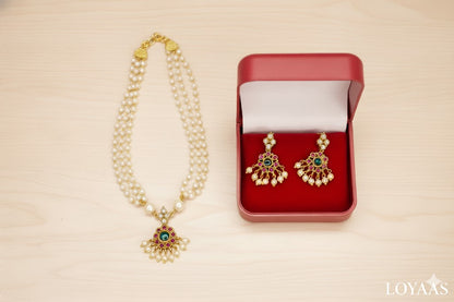 LOYAAS Traditional Multi-Strand Pearl Necklace Set with Gemstone Earrings