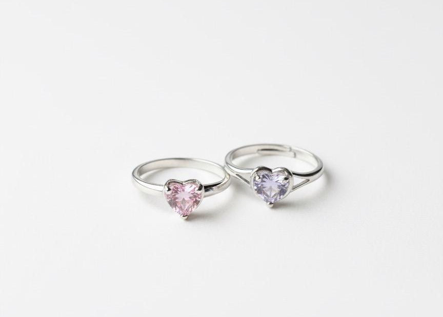LOYAAS Sterling Silver Toned Heart-Cut Pink & Lilac Stone Ring Set (2)- Adjustable & Elegant.