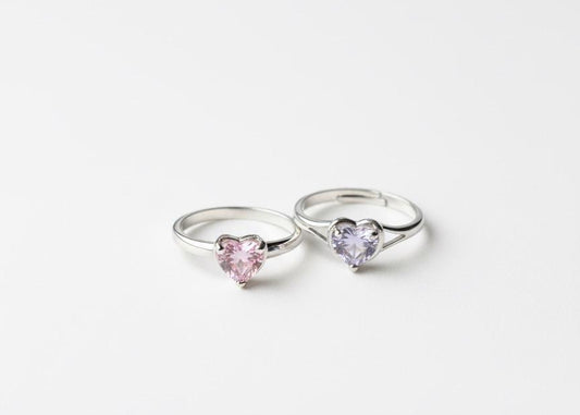 LOYAAS Sterling Silver Toned Heart-Cut Pink & Lilac Stone Ring Set (2)- Adjustable & Elegant.
