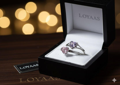 LOYAAS Sterling Silver Toned Heart-Cut Pink & Lilac Stone Ring Set (2)- Adjustable & Elegant.