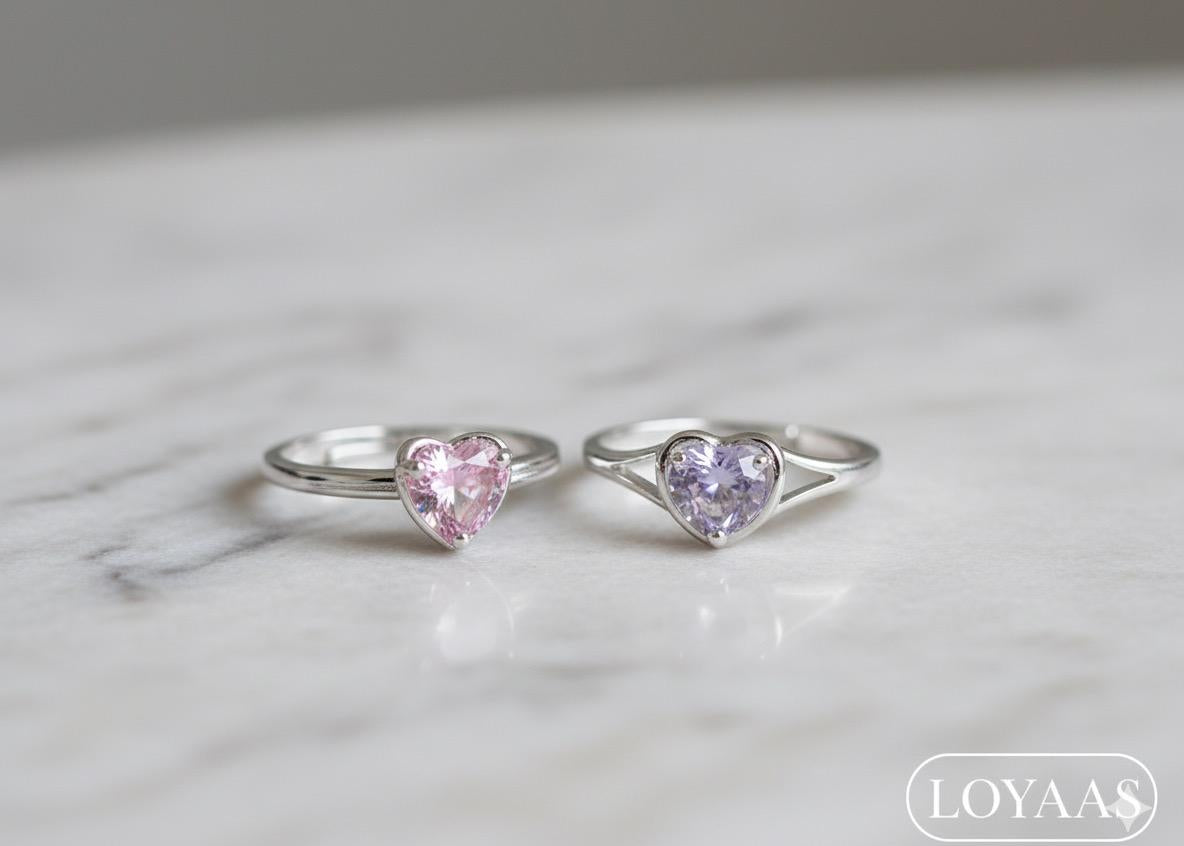 LOYAAS Sterling Silver Toned Heart-Cut Pink & Lilac Stone Ring Set (2)- Adjustable & Elegant.