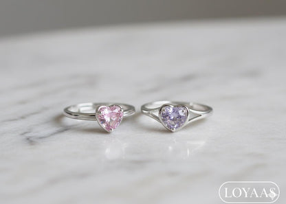 LOYAAS Sterling Silver Toned Heart-Cut Pink & Lilac Stone Ring Set (2)- Adjustable & Elegant.