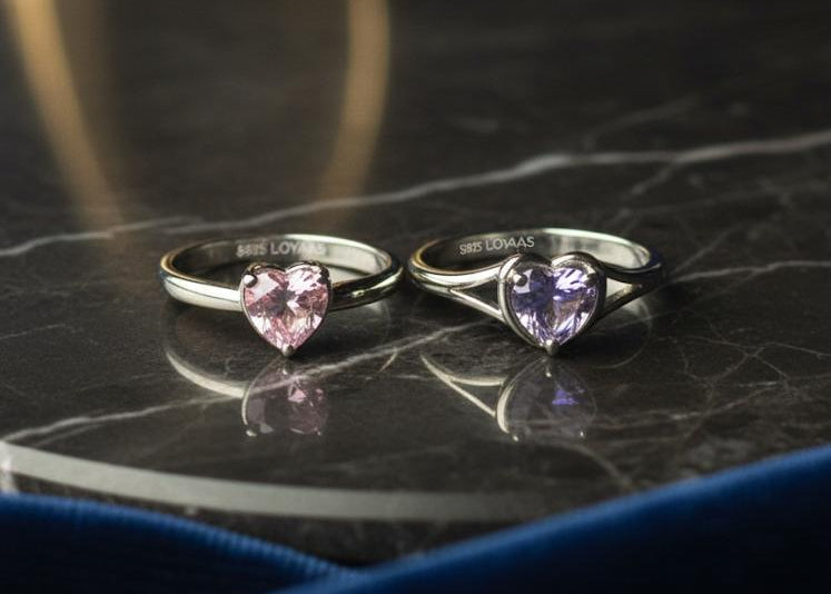 LOYAAS Sterling Silver Toned Heart-Cut Pink & Lilac Stone Ring Set (2)- Adjustable & Elegant.