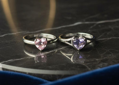 LOYAAS Sterling Silver Toned Heart-Cut Pink & Lilac Stone Ring Set (2)- Adjustable & Elegant.