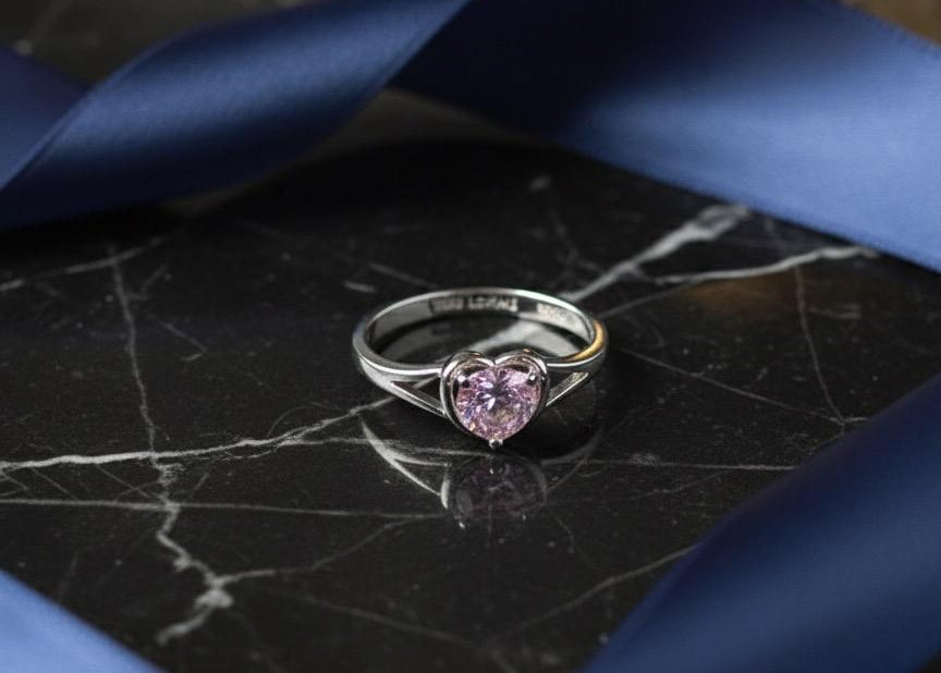 LOYAAS Sterling Silver Toned Heart-Cut Pink & Lilac Stone Ring Set (2)- Adjustable & Elegant.